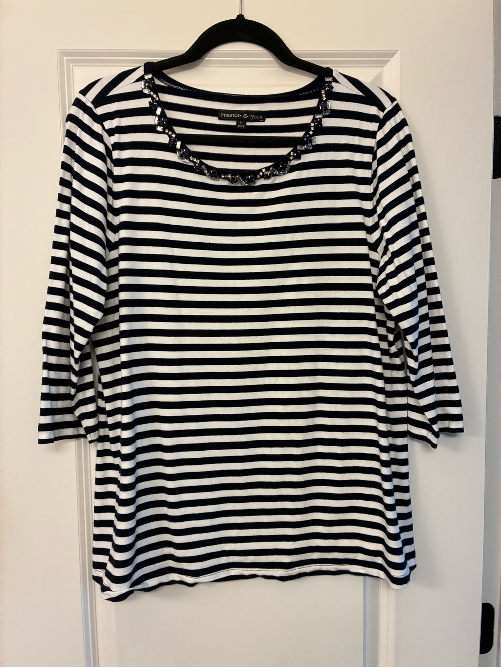 Preston & York Black and White Striped Jewel Neck Long Sleeve Tee